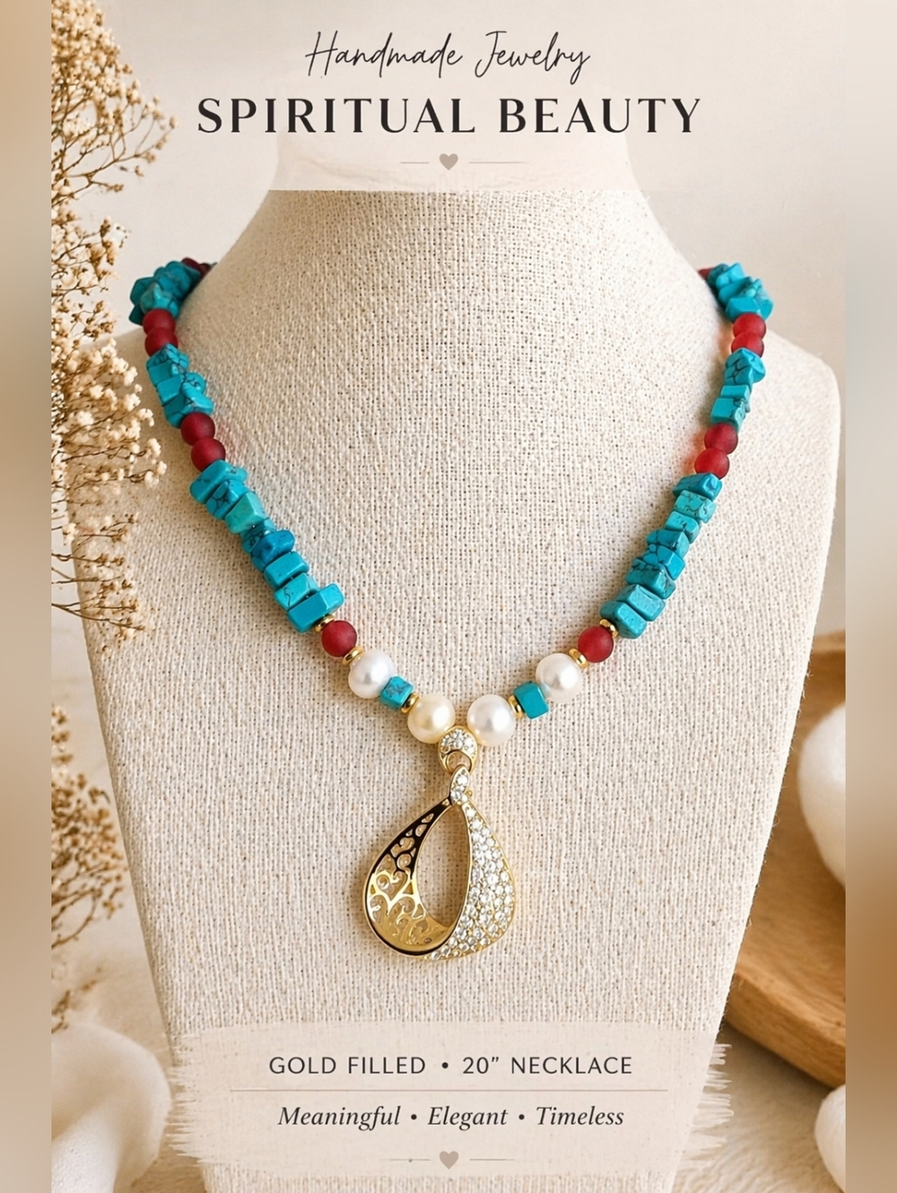 Handmade Gold Filled Beaded Necklace 20" Turquoise Pearl Statement Pendant
